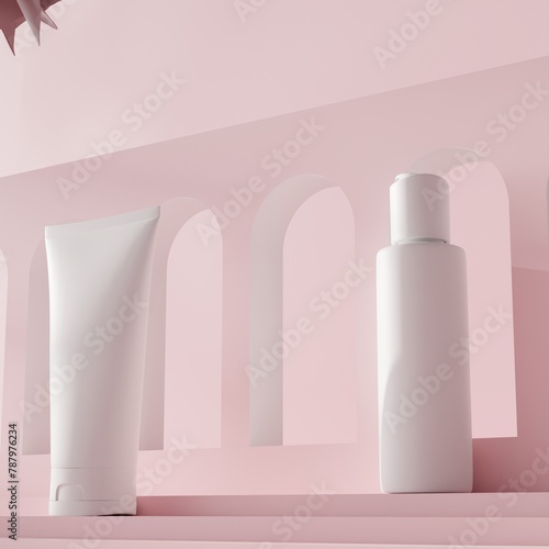 Zdjęcie produktowe kosmetyków krem odżywka pianka na różowym pastelowym tle photo