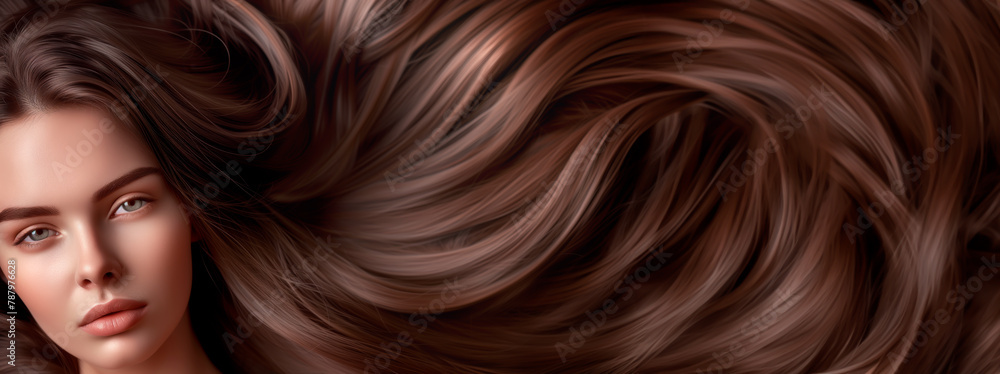 Brunette Hair model with smooth wavy long hair. Useful for hairstyling or shampoo commercial. Brunette Hair model with smooth wavy long hair. Useful for hairstyling or shampoo commercial.