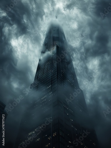 Shadowy, misty clouds enveloping the top of a skyscraper, city lights flickering below, a surreal, almost otherworldly scene