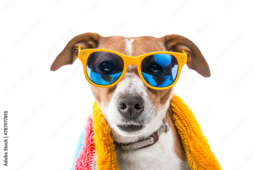 Happy smile Puppy dog wearing sunglasses with summer season costume isolated on background, pets summer, lovely dog, holiday vacation.