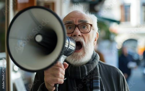 Close-up of an elderly man shouting into a megaphone. photo