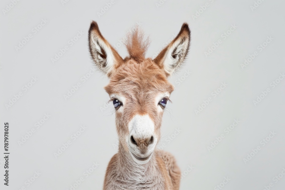 Close-up portrait of a charming baby donkey on a simple white background