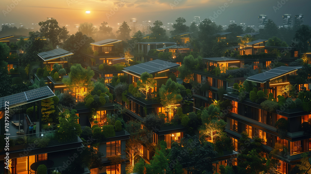 Modern eco-housing community with solar panels, Solar-powered smart ... - Luxury Eco-Townhomes With Community Music Programs