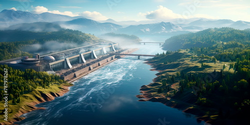 View of a large reservoir and hydroelectric power station. Generative AI