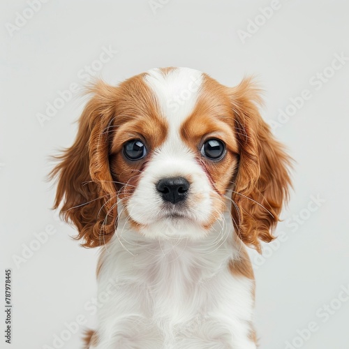 Portrait of a young Cavalier King Charles Spaniel with expressive eyes against a white background