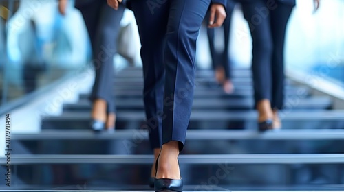 A group of people walking up a set of stairs in business attire  AI