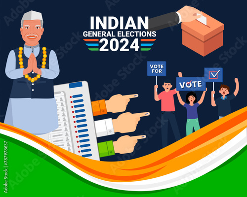 Indian politician candidate request for voting Indian General Election and people showing voting finger with evm machine Indian flag