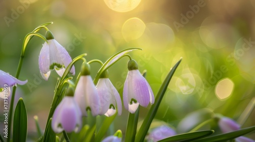 captures the essence of spring with delicate snowdrops bathing in the golden glow of the setting sun, their white petals tinged with green, signaling the arrival of the new season
