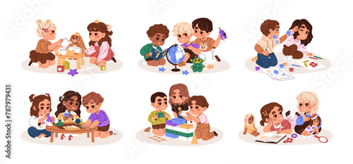 Happy children play different games together set. Little friends drawing, reading on floor. Cute kids have fun with toys, dolls at tea party. Flat isolated vector illustration on white background