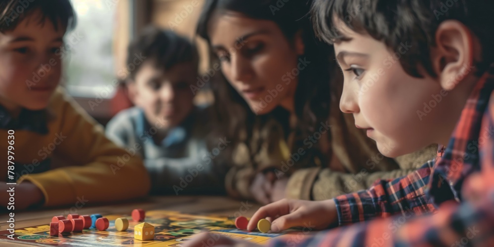 Fototapeta premium Kids are engaging in social play with a board game in a homey background with soft focus
