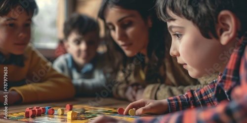 Kids are engaging in social play with a board game in a homey background with soft focus