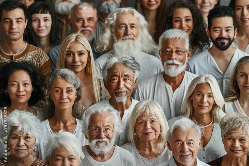 Diverse group of individuals with white hair and beards are gathered together in a portrait setting - obrazy, fototapety, plakaty 