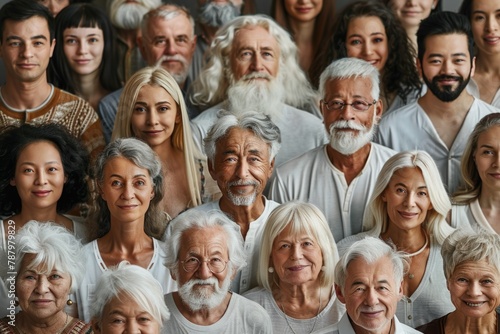 Diverse group of individuals with white hair and beards are gathered together in a portrait setting photo