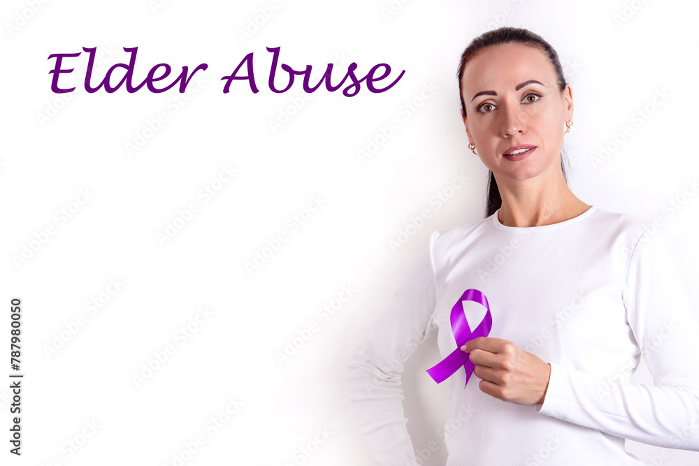 Elder abuse concept: a girl in bright clothes with a purple ribbon in her hand, as a symbol of awareness. Elder abuse concept: a girl in bright clothes with a purple ribbon in her hand, as a symbol of awareness.