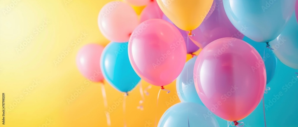 Bunch of pastel blue and pink balloons on a soft yellow background, festive or party concept with copy space. Bunch of pastel blue and pink balloons on a soft yellow background, festive or party concept with copy space.