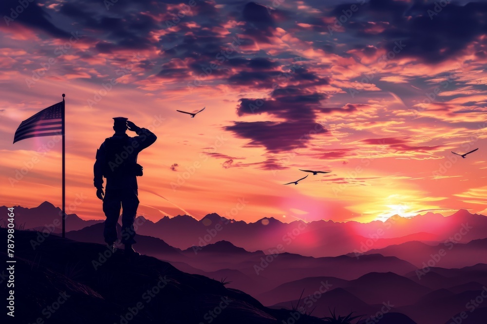 Silhouette of a soldier saluting near the flag with a sunset sky ...