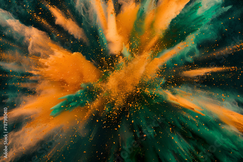 Abstract burst of colour orange and green powder energy explosions texture, wallpaper, pattern, background screen saver 