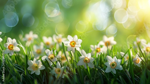 Bright white and yellow daffodils bloom amidst lush greenery  their delicate petals basking in the gentle glow of spring s warm sunlight