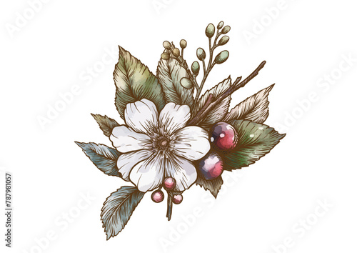 Boutonniere of wild rose flowers and berries Clip art, set of elements for design Graphic drawing, engraving style. Vector illustration. In botanical style