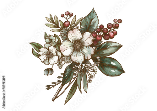 Boutonniere of wild rose flowers and berries Clip art, set of elements for design Graphic drawing, engraving style. Vector illustration. In botanical style