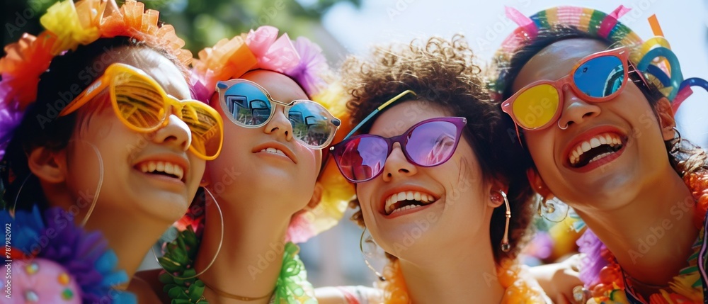 Fototapeta premium Group of joyful people celebrating at a colorful festival with sunglasses and feather boas.