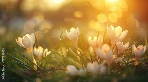 Gentle white crocuses bloom in a sunlit field, heralding spring's arrival amidst a warm golden glow, symbolizing new beginnings and nature's rebirth © Lena_Fotostocker