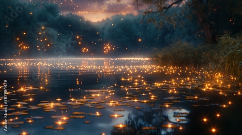 thousands of small lights in the lake at summer evening.  © Ilona