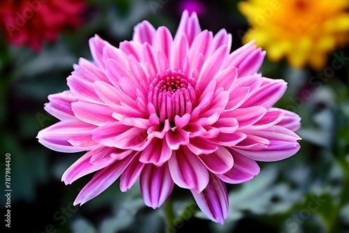 A close-up of a very nice  colorful pink chrysanthemum flower with yellow and green leaves in a garden.