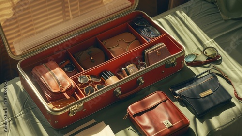 A detailed look at a packed small suitcase, accessories around, symbolizing smart travel