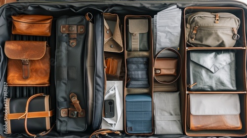 A neatly packed large suitcase open, displaying an array of travel accessories for a long journey