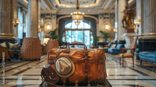 A packed suitcase with essential accessories displayed, set against the grandeur of an upscale hotel