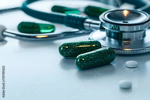 Stethoscope with four green antibiotic capsule pills on white table. Antimicrobial drug resistance and overuse. Medical equipment for doctor. Global healthcare. Antibiotic drug use with reasonable photo