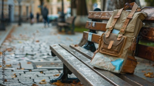 A travel backpack rests on a city bench, map sprawled out, beckoning the next adventure