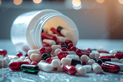  Capsules pill spilled out from white plastic bottle container. Prescription drug. Antibiotics drug resistance. Antimicrobial capsule pills. Pharmaceutical industry. Pharmacy background. Antimicrobial