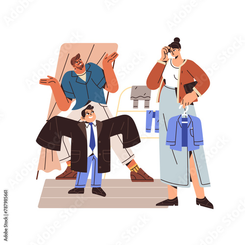 Family shopping together, choosing school uniform to kid. Boy dressing wrong size of jacket and mother is dissatisfied. Parents prepare son to first grade. Flat isolated vector illustration on white