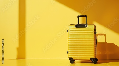 Bright yellow background emphasizing the contrast with a neatly packed, large suitcase