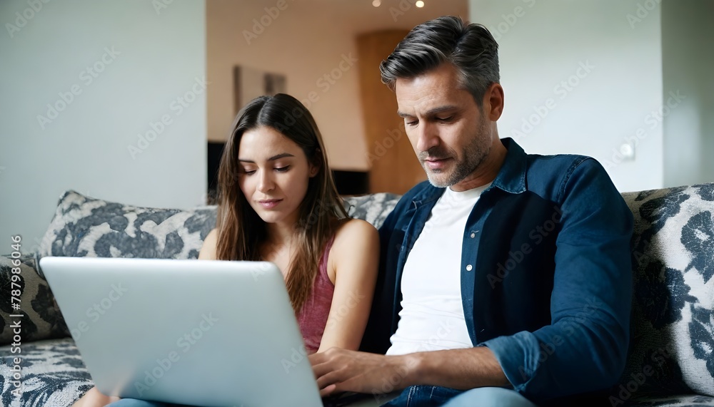 Couple At Home In Lounge Using Laptop Computer Couple At Home In Lounge Using Laptop Computer
