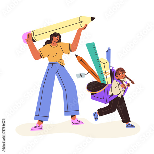 Mother and daughter prepare to first grade together. Parent with little girl buys school supplies. Kid carries backpack with stationery. Day of Knowledge. Flat isolated vector illustration on white