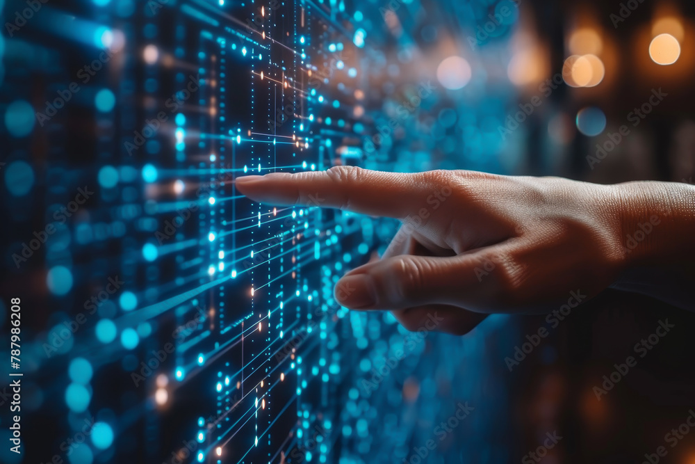 hand touching the screen in the digital field, the Internet of Things, chatbot technology hand touching the screen in the digital field, the Internet of Things, chatbot technology