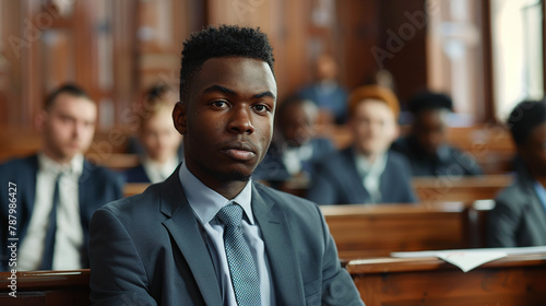 Young African American man in a business suit sitting in a courtroom photo