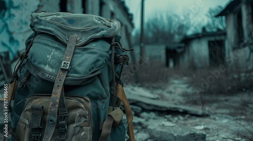 Close-up of a travel backpack against the haunting quiet of an abandoned town, evoking a sense of solitude and exploration
