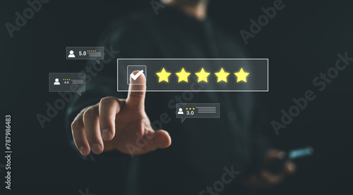 Businessman touch on popup five-star icon for feedback review satisfaction service, Customer service experience and business satisfaction survey. Good product and service, best quality