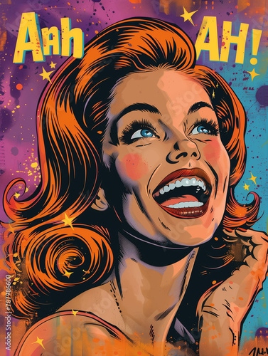 Vintage comics poster with a laughing woman © lynea
