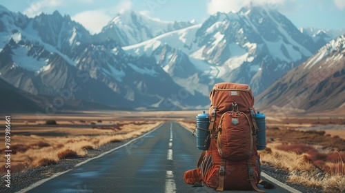 Close-up on a travel backpack, set against a road leading through majestic mountains, signaling the journey ahead