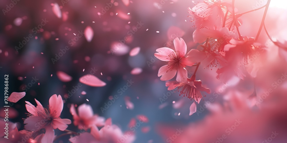 Soft pink cherry blossoms floating gently against an ethereal background with a dreamy, springtime feeling