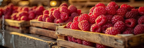 wooden box with delicious ripe raspberries collected in the garden photo