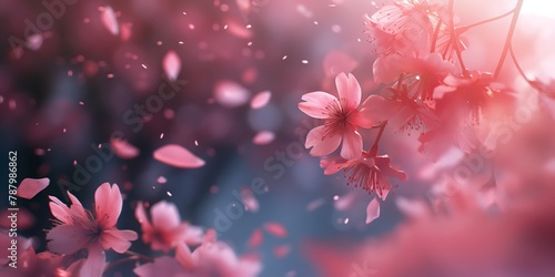 Soft pink cherry blossoms floating gently against an ethereal background with a dreamy, springtime feeling