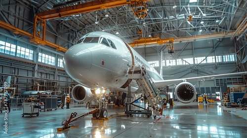 An airplane stands in the wide expanse of a hangar, ready for routine maintenance and repair that ensure flight safety.