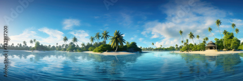 Breathtaking panoramic view of a tropical island with palm trees and clear blue waters, symbolizing travel and tranquility