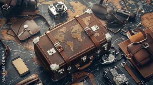 Elegant travel concept featuring a luxury packed suitcase surrounded by essential travel gadgets photo